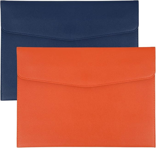 PATIKIL 2Pcs PU Leather A4 File Folder, Document Holder Envelope Waterproof Napa Texture Filing Organizer Portfolio Folder Case with Magnetic Snap for Home Office, Navy Blue, Orange