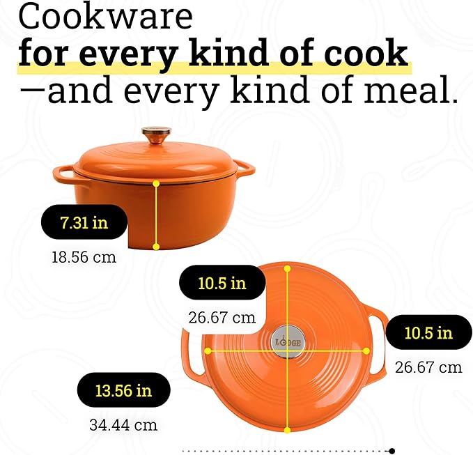 Lodge Essential Enamel Cast Iron Dutch Oven 6 Quarts - Perfect for Bread Baking, Braising, Marinating & Slow Cooking, Features Moisture-Sealing Lid & Dual Handles, Kitchen Essentials, Pumpkin