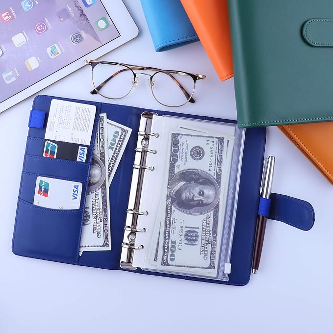 Antner A6 PU Leather Budget Binder - Refillable 6 Ring Notebook for A6 Refill Paper, Loose Leaf Personal Planner Cover With Magnetic Buckle Closure, Navy Blue