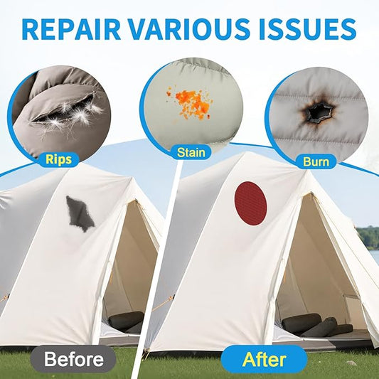 Waterproof Self-Adhesive Nylon Patches for Tent Repair Kit, 24pcs Outdoor Gear Tenacious Repair Tape, Fabric Patches for Clothes, Down Puffer Jacket, Tent, Sleeping Bag, Backpack, Red