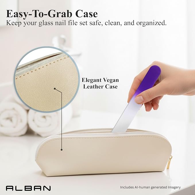 Alban Czech Glass Nail File Set with Manicure Stick & Vegan Leather Cosmetic Case (Purple Nail Files, Plum Manicure Stick & Cream Cosmetic Case)