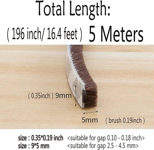 Weather Stripping Brush for Sliding Windows/Doors Frame Side,Pile Self Adhesive Weatherstrip Seal Strip Sealer Draft Stoppers (16.5ft x11/32 x 3/16 Brush inch, Brown)
