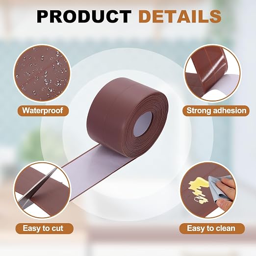 uxcell Caulk Tape Waterproof, 1.5 Inch x 16.4 ft Self-Adhesive Sealant Sealing Strip Caulking Sealant Tape PVC with Tool for Kitchen Sink Toilet Bathroom Bathtub Floor, Brown