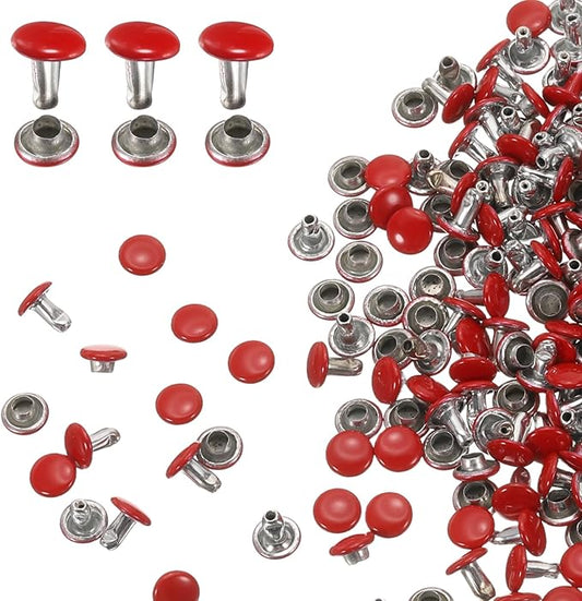 HARFINGTON 100 Sets Double Cap Leather Rivets, 6x6mm Round Cap Tubular Metal Studs Leather Crafting Rivets for Fabric Belt Pet Collar Boot Bag Repair and Decoration, Red