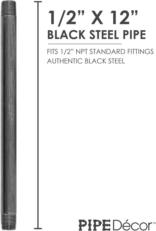 PIPE DÉCOR 1/2” x 12” Malleable Cast Iron Pipe Nipple, Pre Cut Connectors, Industrial Steel Grey Fits Standard Half Inch Black Threaded Pipes Nipples and Fittings, Build Vintage DIY Furniture, 6 Pack