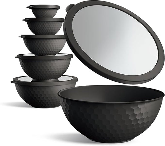 COOK WITH COLOR Mixing Bowls with Lids - 12 Piece Plastic Nesting Bowls Set includes 6 Prep Bowls and 6 Lids, Microwave Safe Mixing Bowl Set, Black Embossed