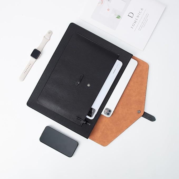 Black PU Leather Thick File Folder, Snap Closure File Organizer, Thickened Important Document Folder with Pockets, Document Organizer, Laptop Sleeve Notebook Case, A4 Envelopes Filing Folder