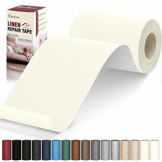 Linen Repair Tape 4x79 inch, Self Adhesive Linen Fabric Tape, Linen Fabric Patch Tape Kit, Fabric Repair Tape for Linen Sofas, Headboards, Chairs, Curtains - Beige White