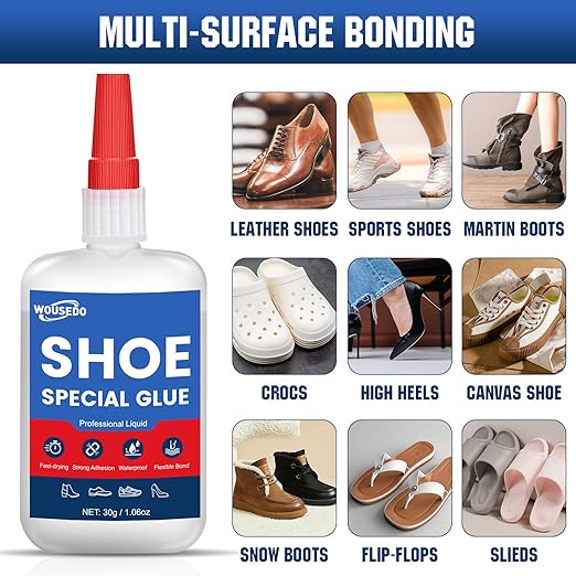 WOUSEDO Shoe Glue 30g, Flexible & Waterproof Instant Adhesive | Quick Dry in Seconds, Heavy Duty Clear Glue for Sole Repair on Sneakers, Boots, Heels, Hiking Shoes, Leather & Rubber