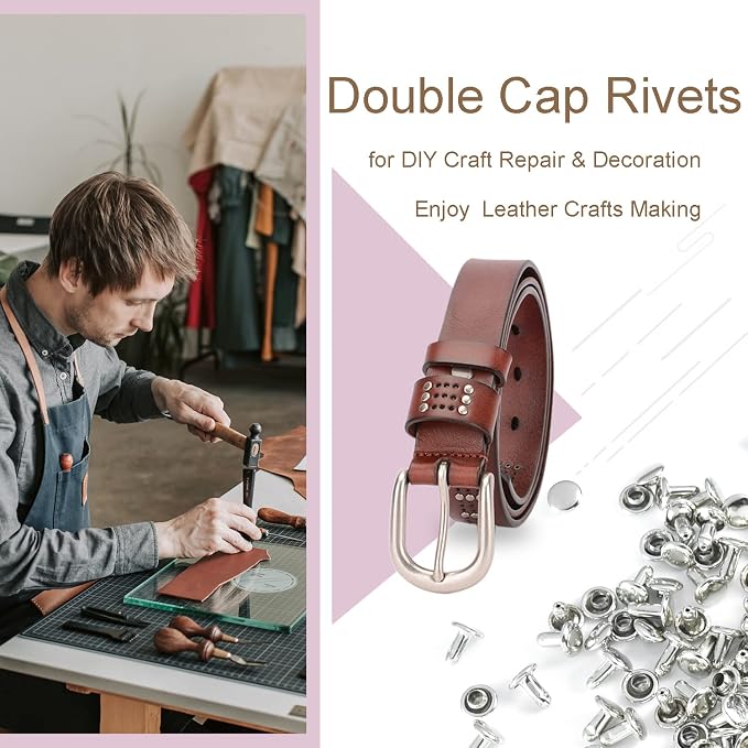 200Sets 6mm Round Cap Leather Rivets, Double Cap Rivets Tubular Metal Studs Rivets for Leather Purse Keyrings Repair and Crafts Decoration (6mm Silver)