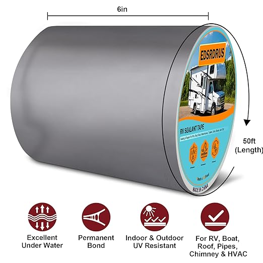 EDSRDRUS RV Roof Tape, Heavy-Duty Adhesive Butyl Seal Tape Waterproof UV-Resistant for RV Repair, RV Sealant Tape for Boat, Camper Roof Leaks (Grey, 6inch*50ft)