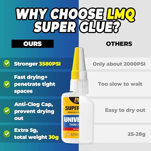 Super Glue Clear 60 Gram Liquid, All Purpose Superglue Instant Cyanoacrylate Adhesive for Plastic Ceramic Wood Leather Rubber Metal Glass Pla Shoe Sole Repair, Heavy Duty CA Oily Glue Strong Bonding