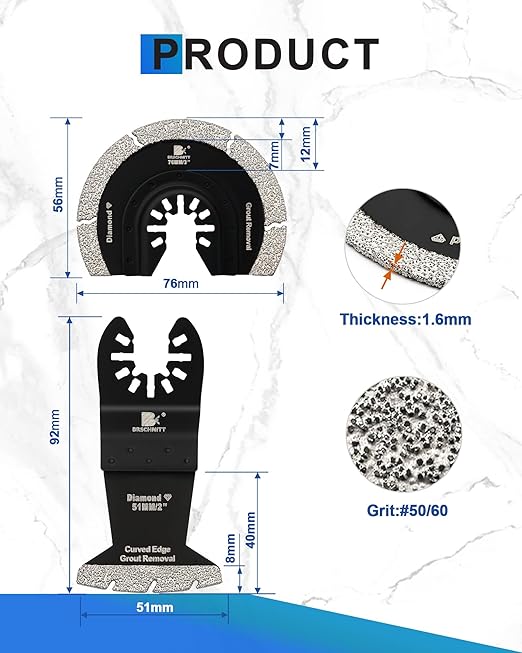 Oscillating Saw Blades Set 4PCS - 2''*2/3''*2 Universal Multitool Blades for Grit Grout Removal, Quick Release Curved Edge Multi Tool Kit for Tile, Air Brick, Cement, Concrete, Masonry