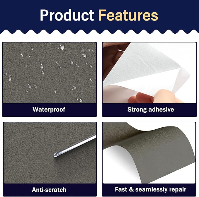 Zenyao Leather Repair Patch Tape - Self Adhesive Leather Repair Kit for Car Seat Furniture, Heavy Duty Vinyl Repair Patch for Couch Sofa, Waterproof Fix for Tears, 16x30 Inch Roll, Light Grey