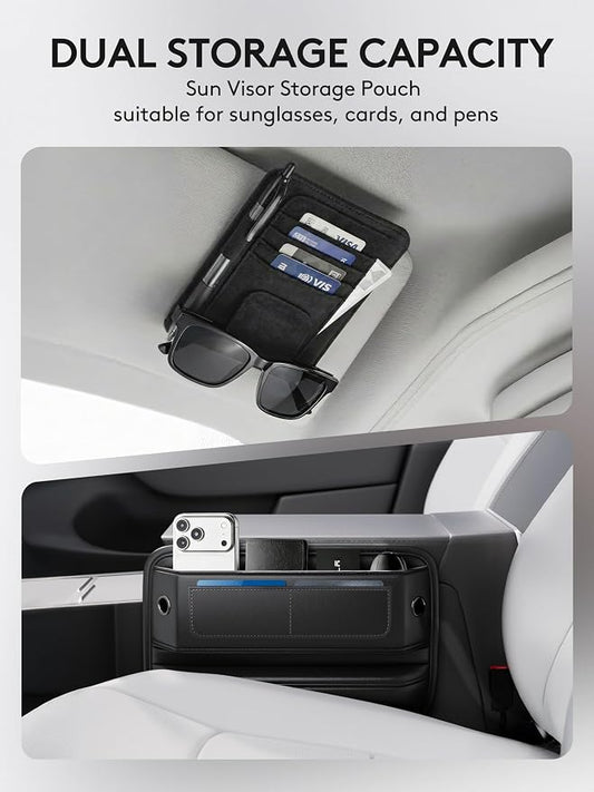 2 Pack Car Seat Gap Filler Organizer with Sun Visor Organizer, PU Leather Seat Gap Filler for Phone, Keys, Cards & Sunglasses, Front Seat Storage Side Pocket for Cars SUVs Trucks