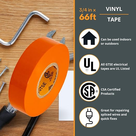 GTSE Orange Electrical Tape, 1 Roll – Waterproof, Industrial Grade Vinyl, 3/4 in x 66ft– Strong Self-Adhesive PVC Electric Tape for Wire Insulation, 7 Mil, 600V – UL/CSA Listed