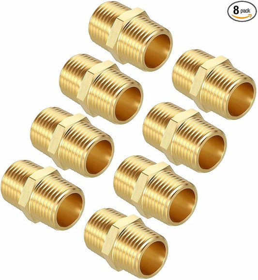 Pack of 8, 1/2" MNPT To 1/2" MNPT Solid Brass Hex Nipple Hose Connectors W/Sealing Tapes, Male Pipe Adapter for Pipe Leak Repair, Bathroom Remodeling, Tool Extension, Compression