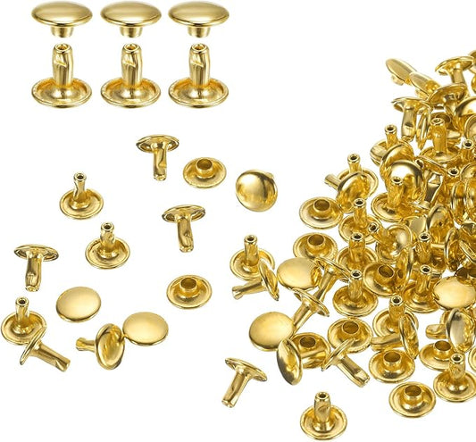 HARFINGTON 100 Sets Double Cap Leather Rivets, 9x8mm Round Cap Tubular Metal Studs Leather Crafting Rivets for Fabric Belt Pet Collar Boot Bag Repair and Decoration, Gold