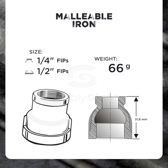 Black Malleable Iron Reducing Coupling Adapter Female Threads 1/2 Inch x 1/4 Inch