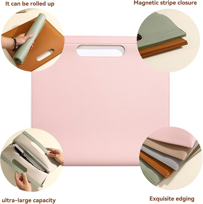 Premium PU Leather Waterproof Document Organizer - Spill-Resistant, Easy to Clean, Multi-Color Options, 13.34x12.56in, Ideal for Students & Professionals (Pink)