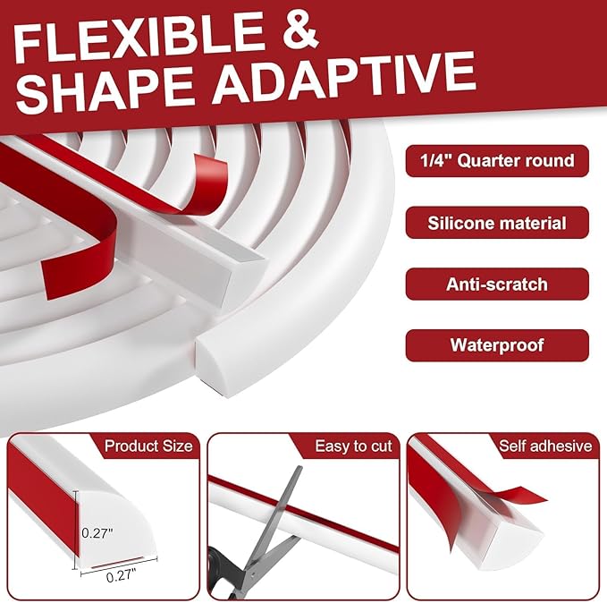 0.25" x 0.25" Mini Quarter Round Molding, 10FT Ultra-Slim Peel and Stick Trim for Small Gaps, Countertop Wall Seam, Window Sill, Desk & Cabinet Edge, Flexible Self Adhesive Finishing Strip