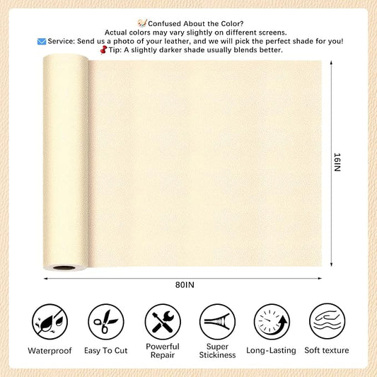 Beige Leather Repair Tape, 16x80 Inch Leather Repair Patch Self-Adhesive, Waterproof Faux Leather Patch, Vinyl Repair Tape for Couch, Sofas, Furniture, Office Chair, Car Seats