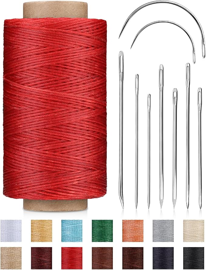 DIUDUS 218 Yards Upholstery Thread Heavy Duty, Waxed Leather Thread Sewing Kit with Heavy Duty Needles, Thread for Hand Sewing Leather Craft Repair Leather Shoes Bags Sofa (Red)