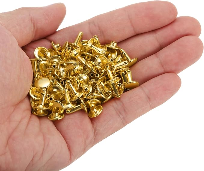 HARFINGTON 100 Sets Double Cap Leather Rivets, 9x10mm Round Cap Tubular Metal Studs Leather Crafting Rivets for Fabric Belt Pet Collar Boot Bag Repair and Decoration, Gold