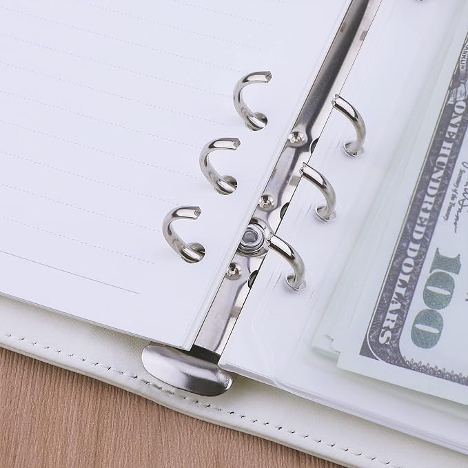 Antner A6 Binder 6 Ring Refillable Notebook Budget Planner for A6 Filler Paper, PU Leather Loose Leaf Personal Planner Wallet Money Organizer Cash Stuffing Binder with Magnetic Buckle Closure, White