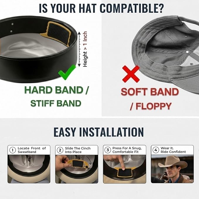 Cowboy Hat Retainer, Silicone Hat Size Reducer Rodeo | hard sweatband fit, leather band compatibility, hidden interior grip, wind control, felt and straw styles, rider accessory