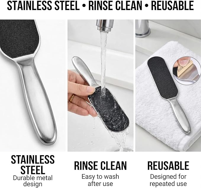 Stainless Foot File Callus Remover for Cracked Heels & Dead Skin — Pedicure Rasp with 10 Replacement Pads & 2 Exfoliating Foot Masks, Sandal Season Foot Care Kit (3in1 Set)