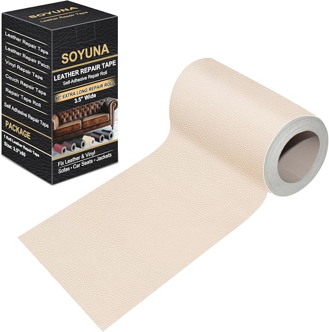 Self Adhesive Leather Repair Patch, Leather Patches for Furniture, Leather Repair Tape for Couch Sofa Car Seat Chair Furniture Repair, Leather Repair Kit (Beige-Litchi Grain, 3.5X60 Inch)