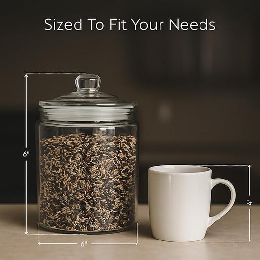 Restaurantware Vetri 0.5 Gallon Glass Storage Jar 1 Dishwashable Glass Cookie Jar - Airtight Seal Wide Opening Clear Glass Candy Jar Knob Handle Lid For Kitchen Laundry Or Storage