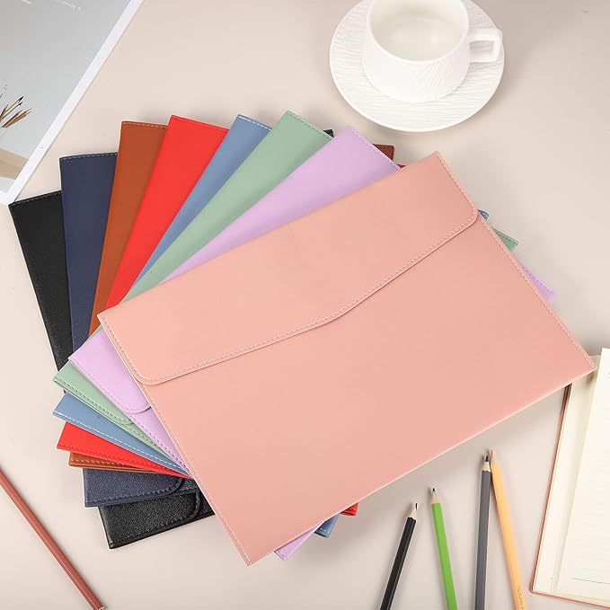 PATIKIL 2Pcs PU Leather A4 File Folder, Document Holder Envelope Waterproof Napa Texture Filing Organizer Portfolio Folder Case with Magnetic Snap Closure for Home Office, Orange, Pink