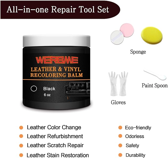Leather Recoloring Balm - Leather & Vinyl Repair Balm for Furniture, Couches,Car Seats, Auto Interior & Accessories, Restores Faded, Worn, Scratched and Cracked Leather Surfaces(Black)