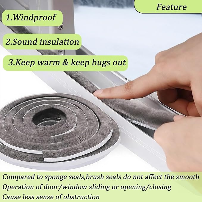 ZOMPAGO Strong Adhesive Brush Weather Stripping 0.4in (T）x 0.4in (W) x 33FT, Grey, Door Seal for Sliding Windows & Doors, Soundproof Noise Blocker, Draft Stopper for Garage Door Frame & Exterior Doors
