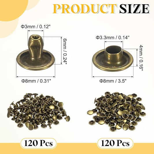 uxcell 120 Sets Leather Rivets, 8mm Double Cap Rivets, 6mm Height Tubular Metal Studs for Leather Craft Repair and Decoration DIY Clothes, Shoes, Bags, Belts, Bronze