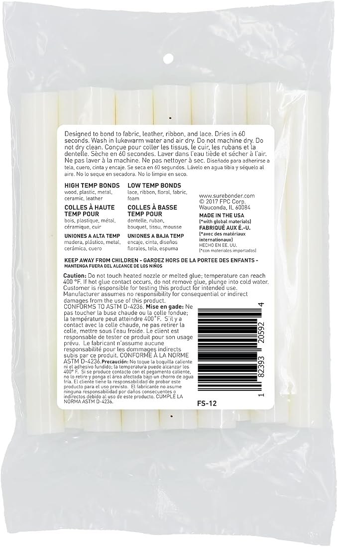 Surebonder Fabric Hot Glue Sticks, Full Size, 4-Inch, Machine Washable Adhesive for Denim, Felt, Leather, and More – Strong, Flexible Bond, 12 Pack, White