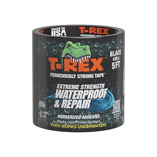 T-REX Heavy Duty Waterproof and Repair Tape for Wet or Rough/Dirty Surfaces Including Underwater, Leaks and More, 4" x 5', Black, 1-Roll (285987)