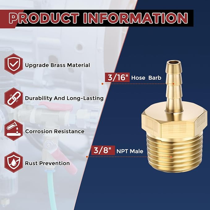 Pack of 3 Brass Hose Barb Fittings Adapter Connector 3/16" Hose Barb to 3/8" NPT Male Fittings for Home Machines, Massage Bathtubs, and Irrigation Systems