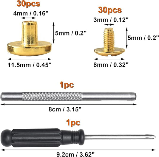 YORANYO 30Sets Chicago Screws Leather Rivets Screw Rivets Metal Studs for Clothing Chicago Binding Screws Spike and Studs for Decorate Repair Shoes Belts Bags Purse Dog Collars Leather Craft (Gold)