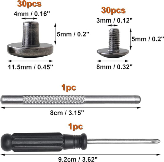 YORANYO 30Sets Chicago Screws Leather Rivets Screw Rivets Metal Studs for Clothing Chicago Binding Screws Spike and Studs for Decorate Repair Shoes Belts Bag Purse Dog Collar Leather Craft (Gunmetal)