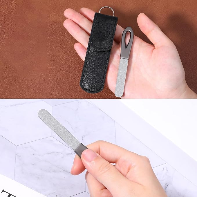2 Pcs Keychain Nail File, Metal Nail Files with Leather Case, Double Sided Stainless Steel Nails File Round Sapphire Fine Grit Fingernail Files for Men Women Nails Daily Travel Carrying