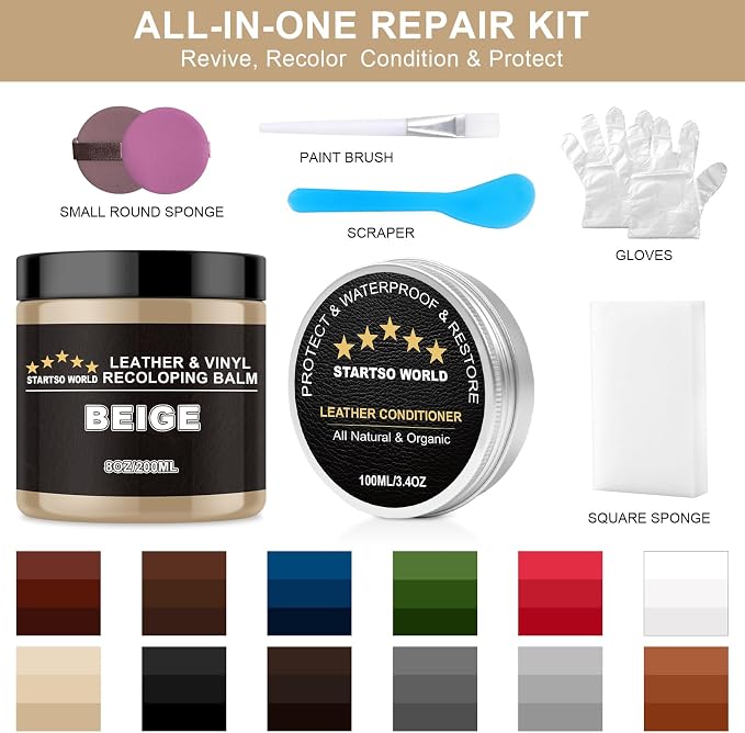 STARTSO WORLD 200Ml Leather Recoloring Balm with 100ML Leather Conditioner, Beige Leather Repair Kit for Furniture, Leather Dye, Leather Scratch Repair, Leather Couch Paint
