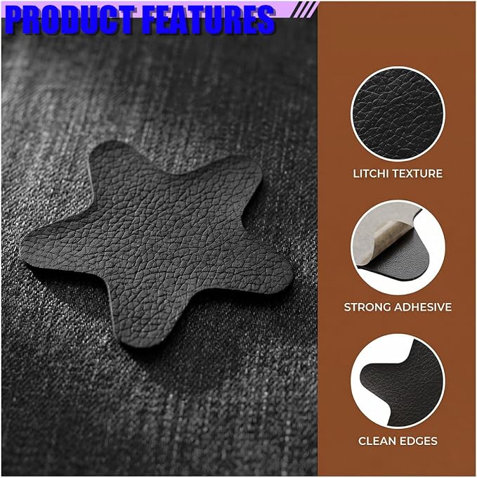 4PCS Stars-Shaped Car PVC Leather Repair Patch Tape, Self-Adhesive Car Seat Tear Repair Kit, Wear-Resistant Auto Interior Decoration Sticker Accessories for Furniture, Upholstery (Black)