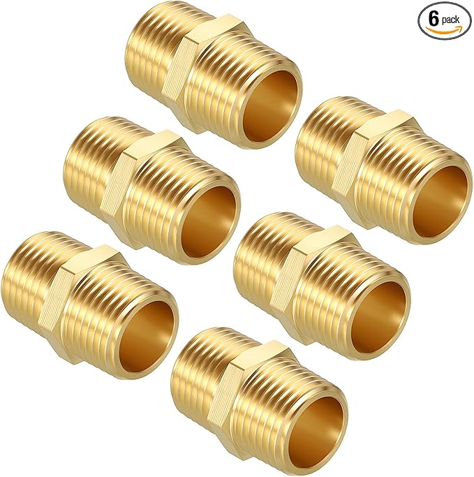 Pack of 6, 1/2" Male NPT to 1/2" Male NPT Solid Brass Hex Nipple Hose Connectors, Male Pipe Adapter for Pipe Leak Repair, Bathroom Remodeling, Tool Extensions, Compression