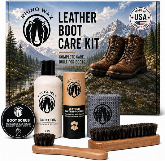 Leather Boot Care Kit - Made in USA (Not China) - Boot Oil, Waterproofer, Cleaning Scrub for Boots (Like Saddle Soap), Brushes and Cloth - Do NOT use Mink Oil (Love Animals) - All Natural Ingredients