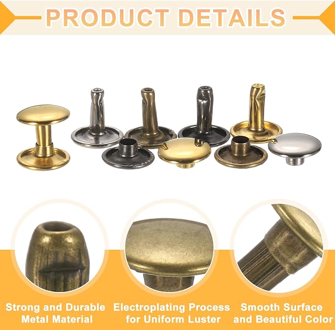 uxcell 120Set Leather Rivets, 10mm Double Cap Rivet Tubular Metal Studs Repairs Decoration Craft Accessories for Repair Decorate Leather Craft Belt Bag Shoes Purse Belts, 4 Color