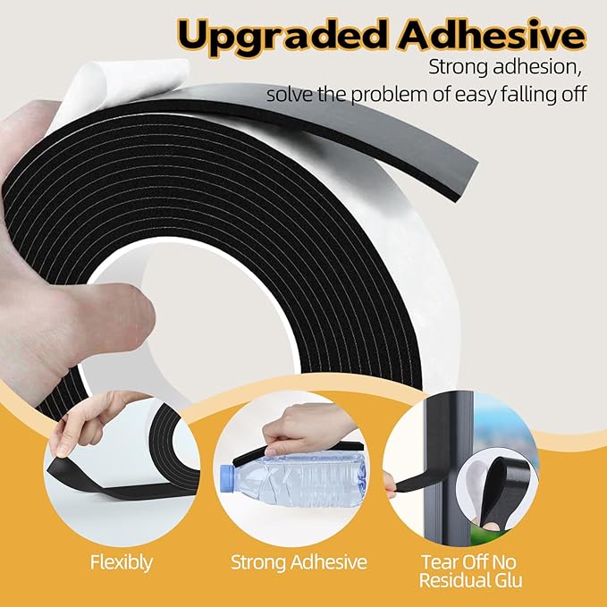 1/2 Inch W x 1/4 Inch T EVA Foam Weather Stripping Tape,Self-Adhesive Seal Tape for Doors & Windows-Draft Blocker,Soundproofing,Waterproof Insulation Foam,2 Rolls Total 33FT Black
