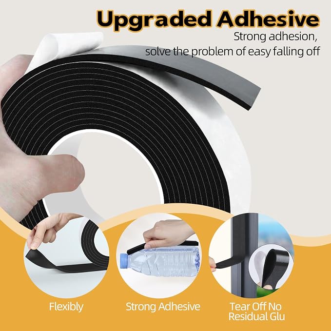 EVA Foam Weather Stripping Tape,1 Inch W x 1/4 Inch T Self-Adhesive Seal Tape for Doors & Windows-Draft Blocker,Soundproofing,Waterproof Insulation Foam,2 Rolls Total 33FT Black
